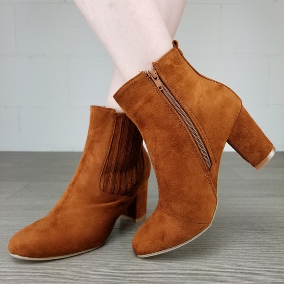 Vegan Suede Tan Bock Heel Ankle Bootie - Picture 4 of 8